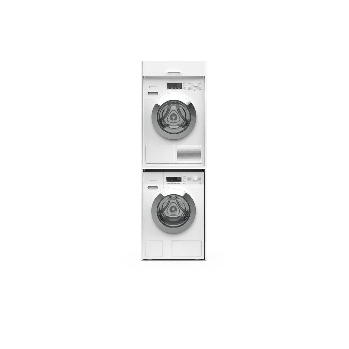 White stacked front-load washer and dryer unit with digital controls and round doors.