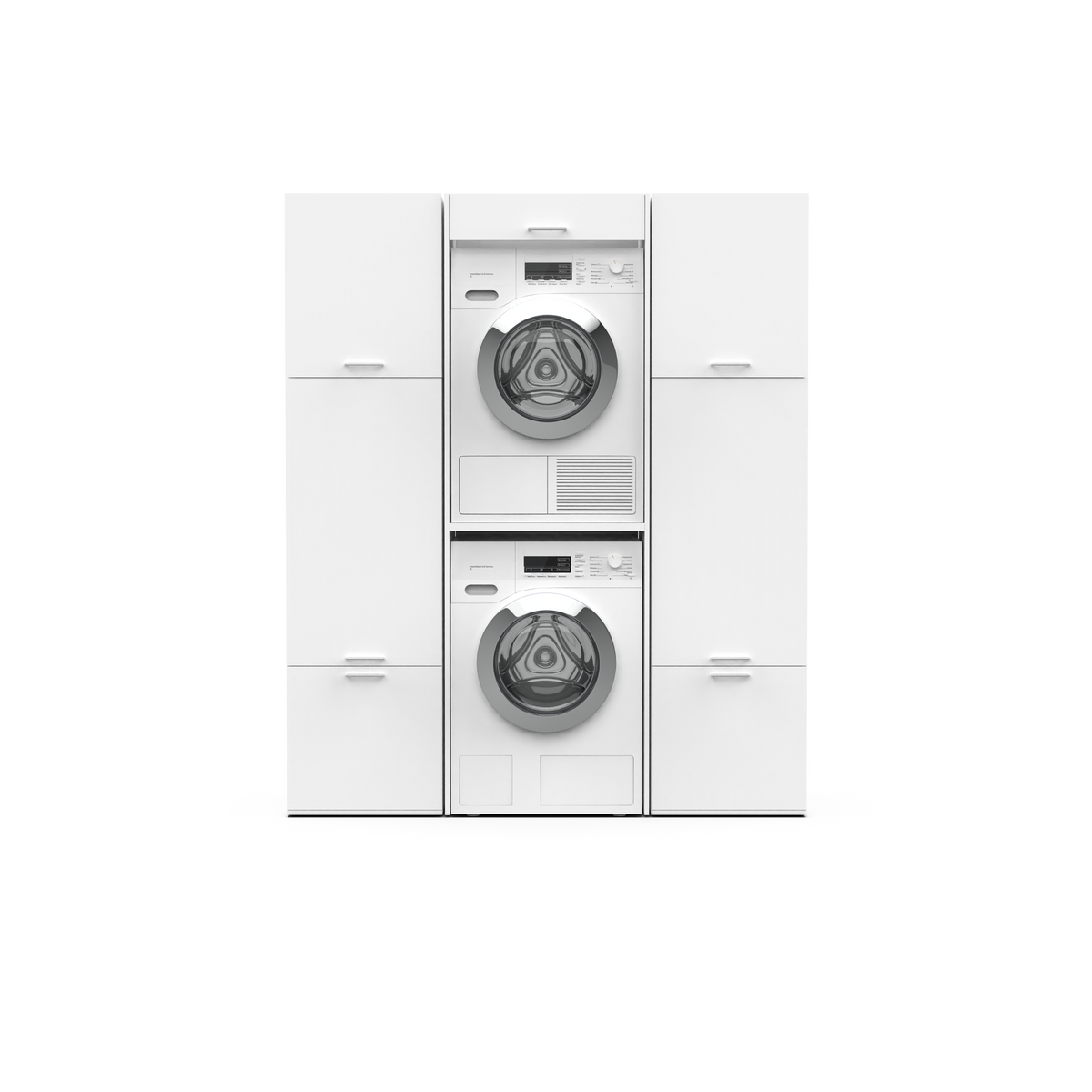 White modular storage system with two circular metallic speakers stacked vertically, surrounded by closed cabinets.