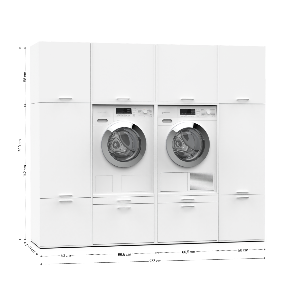 White modern laundry center with stacked washer, dryer, and multiple storage cabinets.