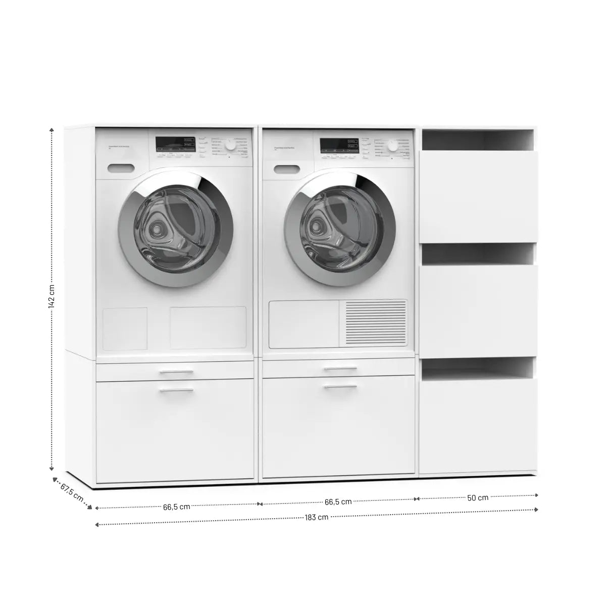 White front-load washer and dryer set with storage drawers and an adjacent tall cabinet with open shelf and drawers.