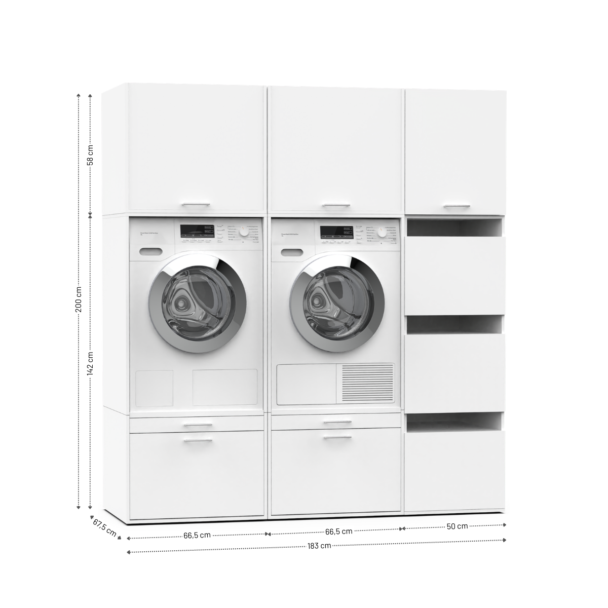 White modular laundry unit with side storage shelves, two front-loading washer and dryer units, and lower pull-out drawers.