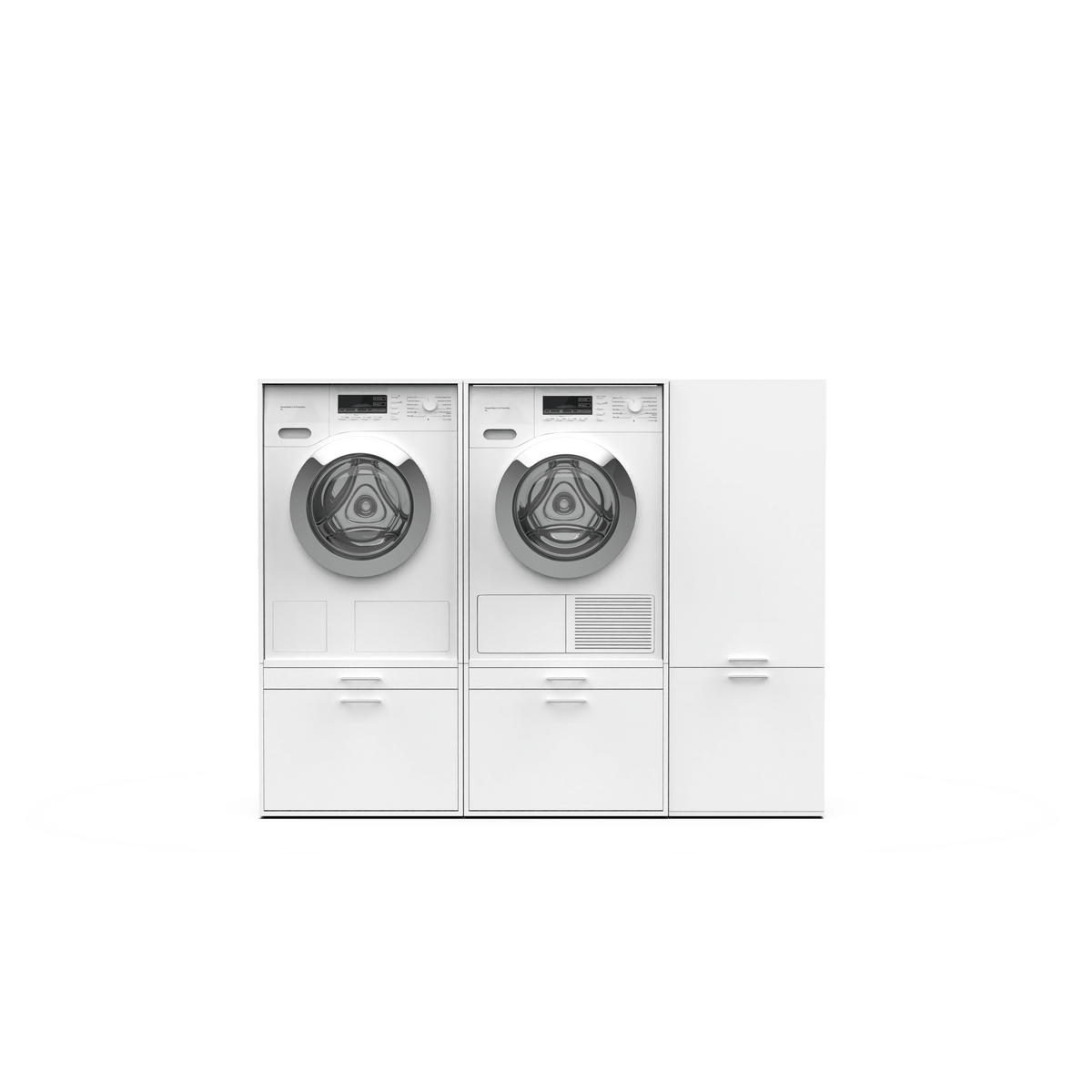 White modern laundry duo set with front-loading washer and dryer, two drawers, and a tall storage cabinet.