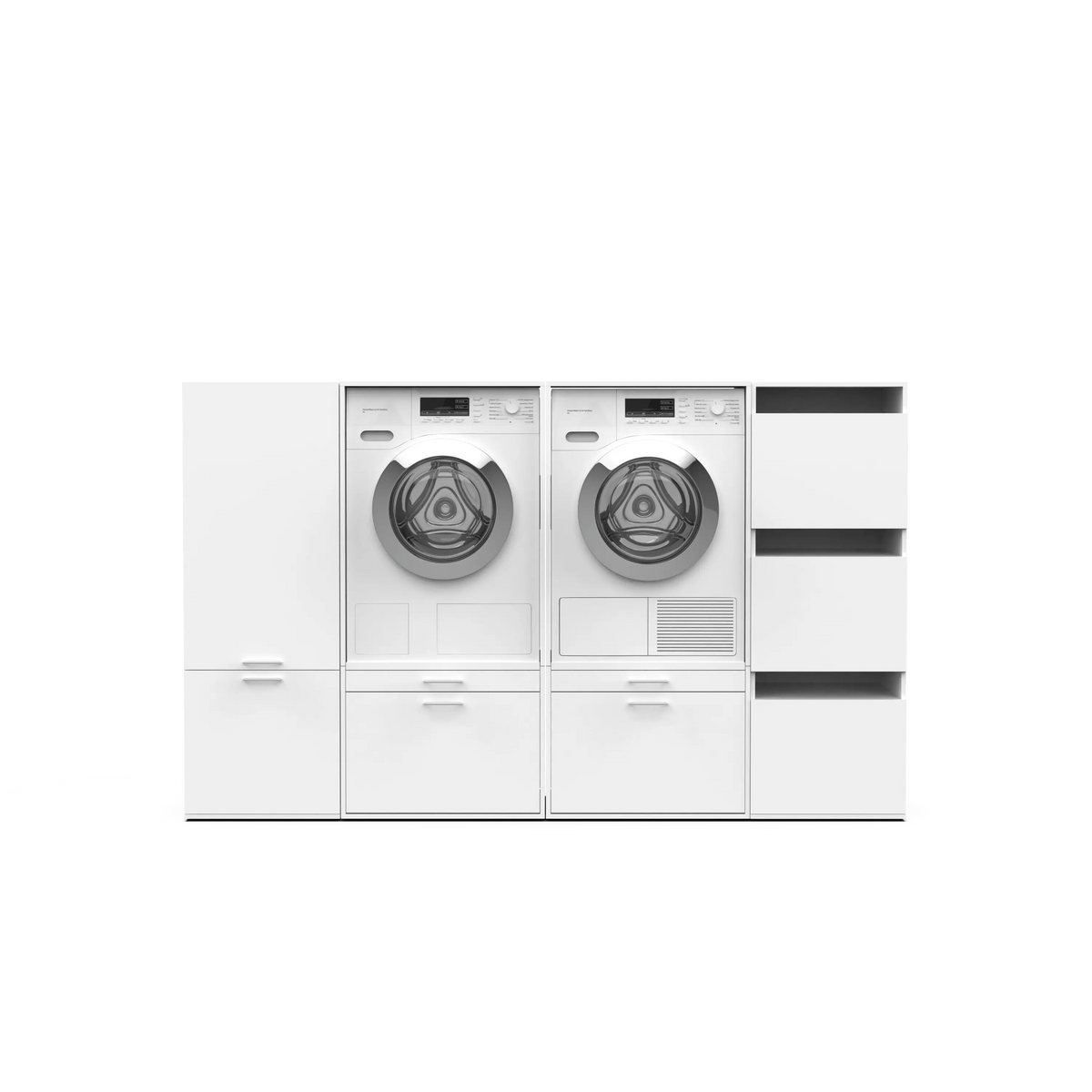 White modular laundry unit with front-load washer and dryer, storage cabinet, and open shelves.