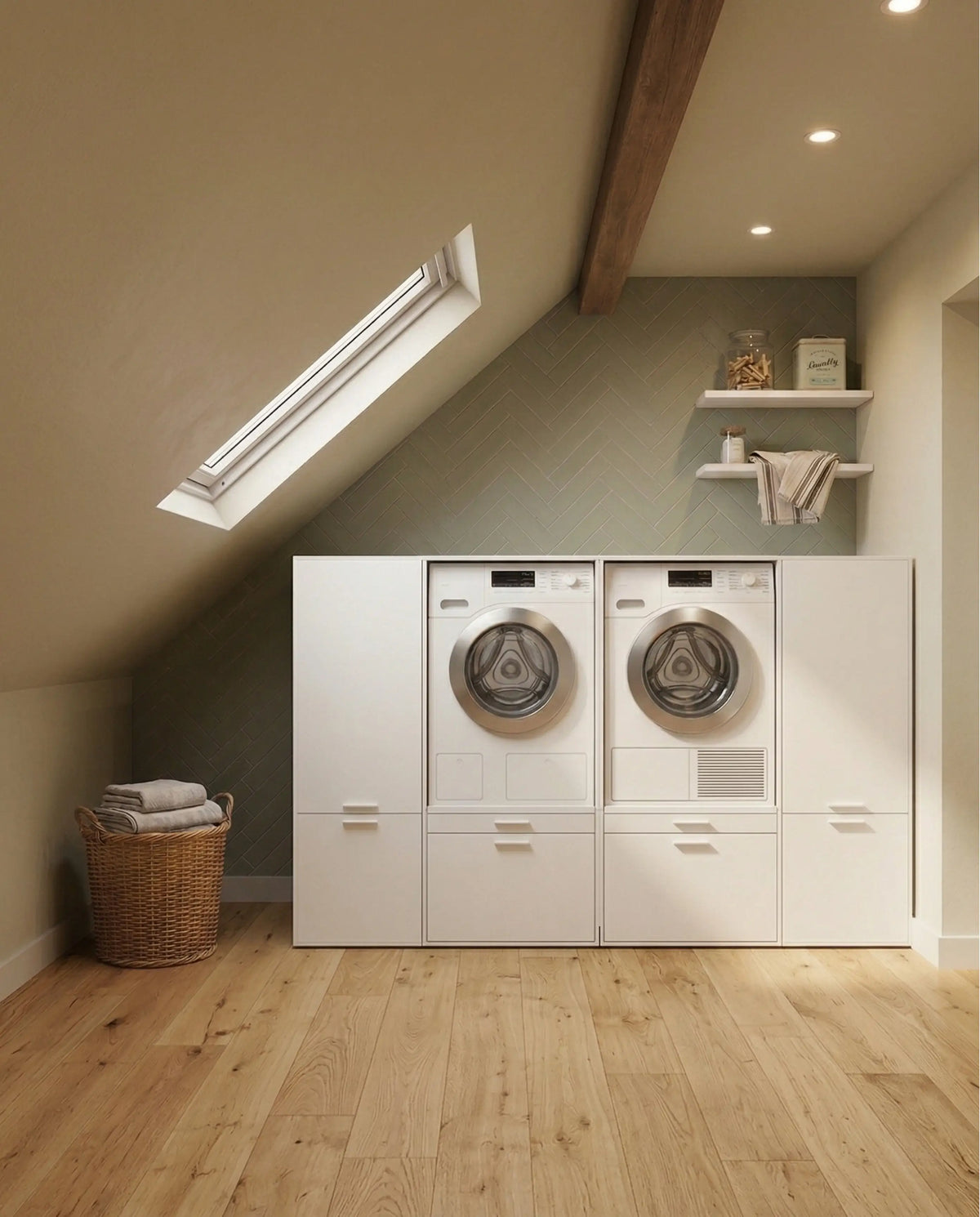 White front-loading washer and dryer set with storage drawers beneath, placed under a slanted ceiling with skylight in a.