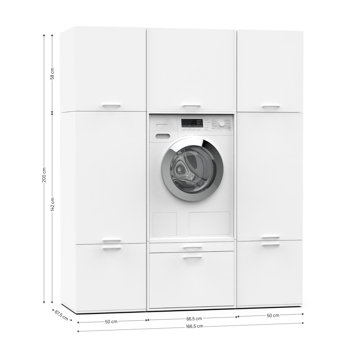 White modular laundry cabinet set with integrated front-loading washing machine and multiple storage compartments.