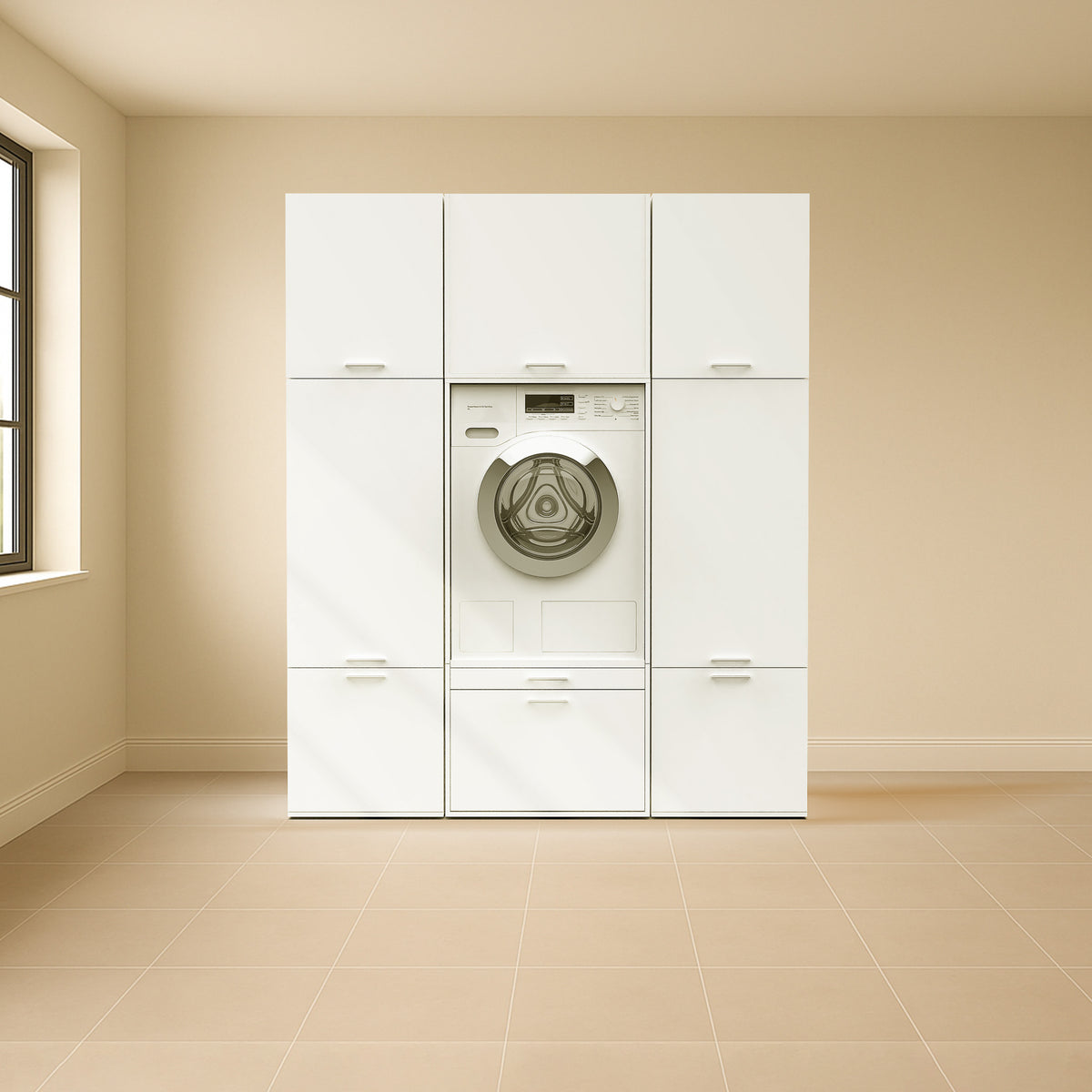 White built-in laundry cabinet set with integrated front-loading washing machine and multiple storage compartments.