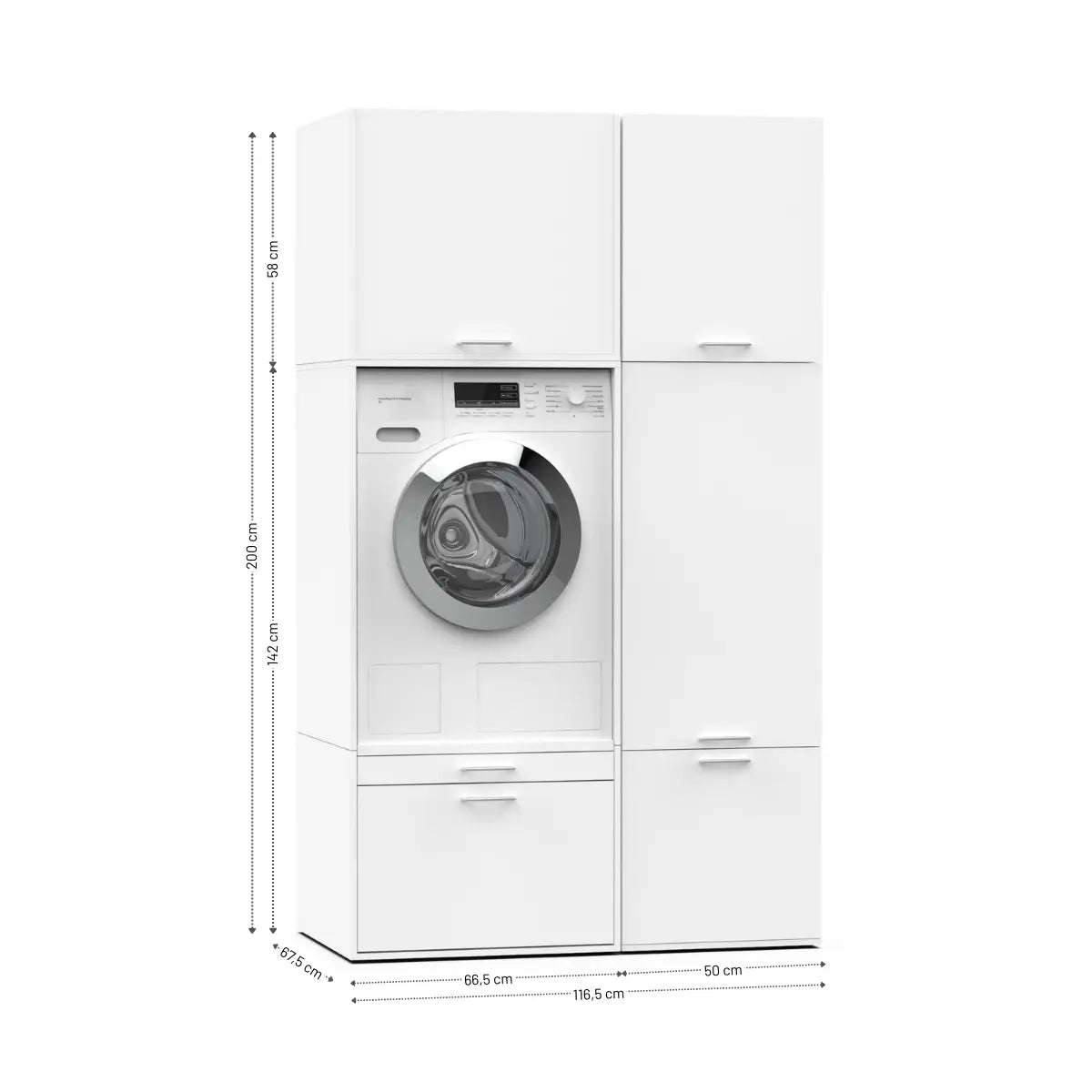 White laundry cabinet set with front-loading washing machine space, two upper doors, and two lower drawers.