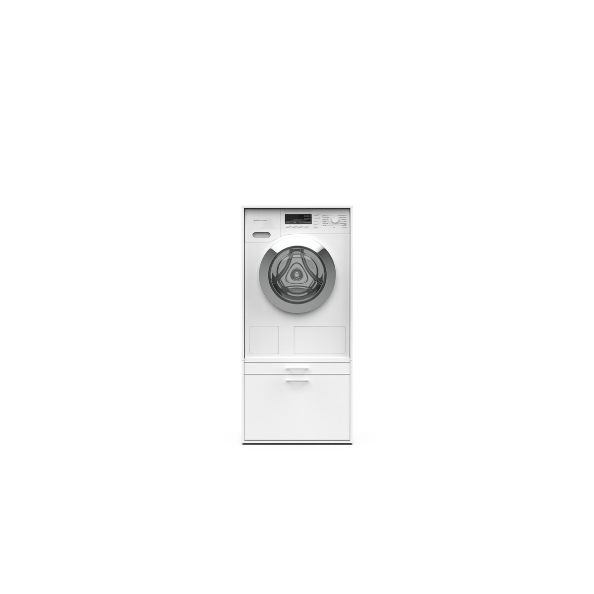 White freestanding cabinet with circular black washing machine door and lower storage drawer.