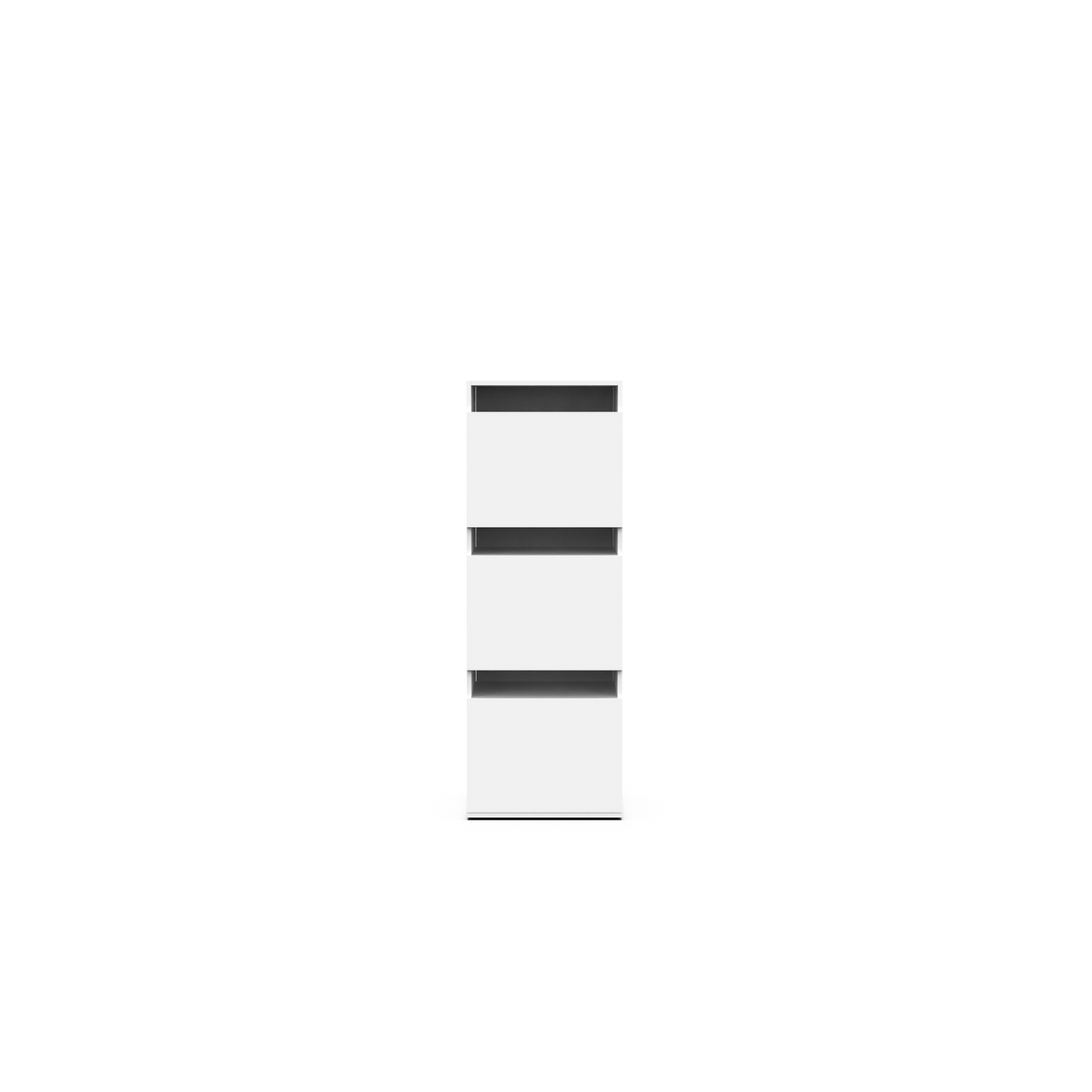 Tall white laundry cabinet with three black horizontal handles and a slim, modern design.
