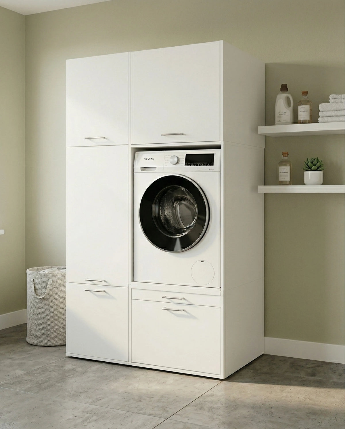 White laundry cabinet with front-loading washing machine and multiple storage compartments in beige room.