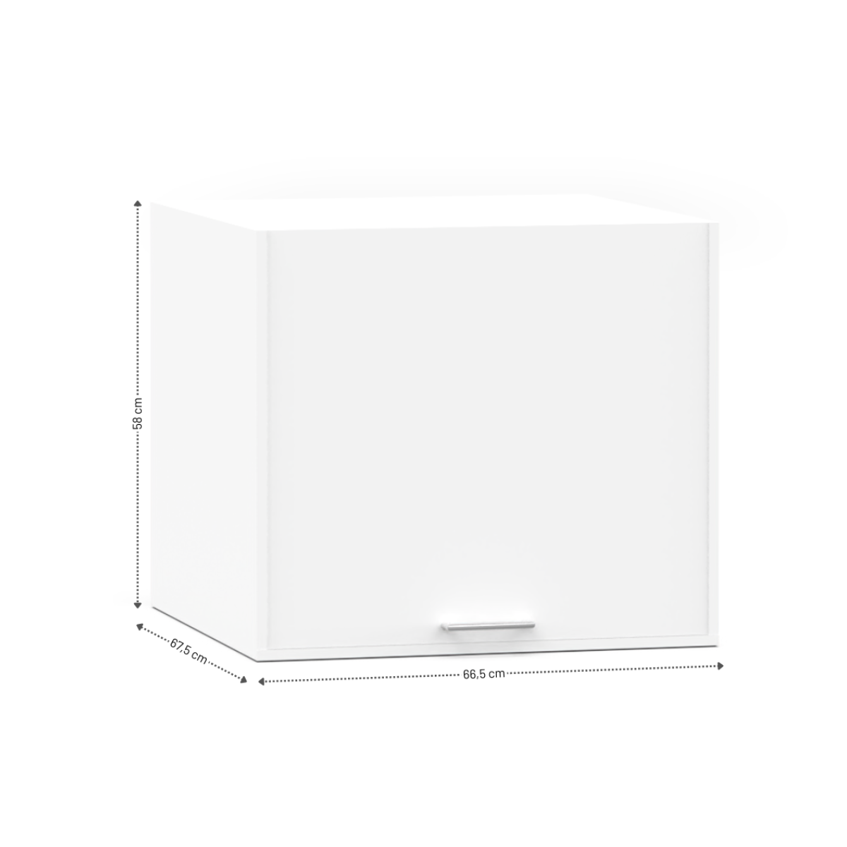 White wall cabinet with a single door and silver handle, 66.5 cm wide and 56.5 cm tall.
