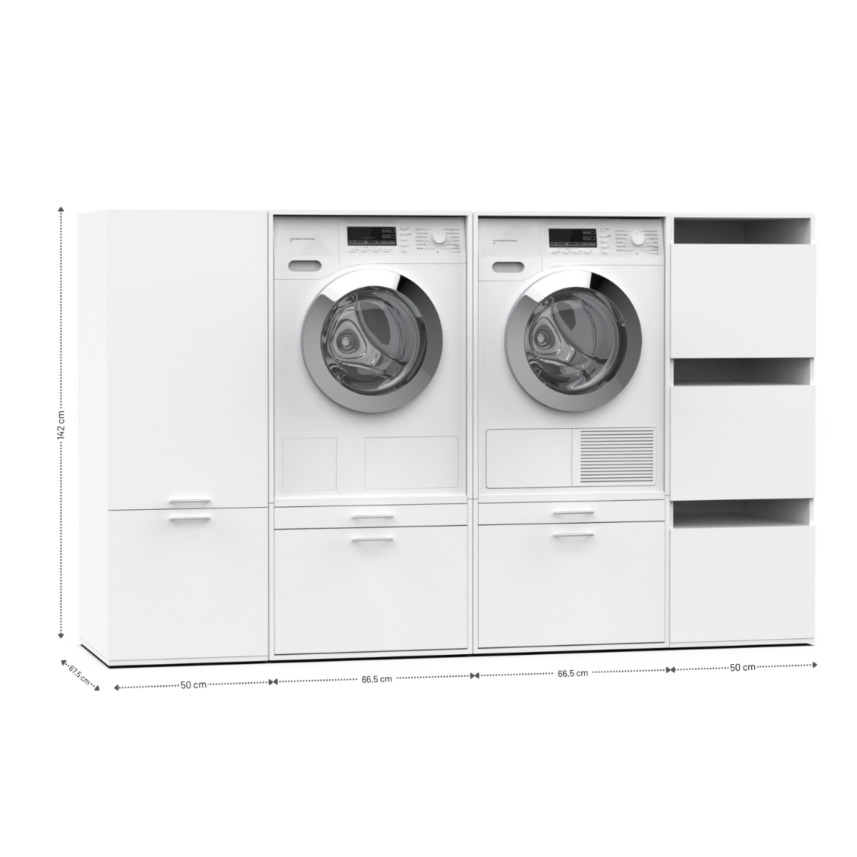 White laundry cabinet set with front-loading washer and dryer, storage drawers, and shelving units.