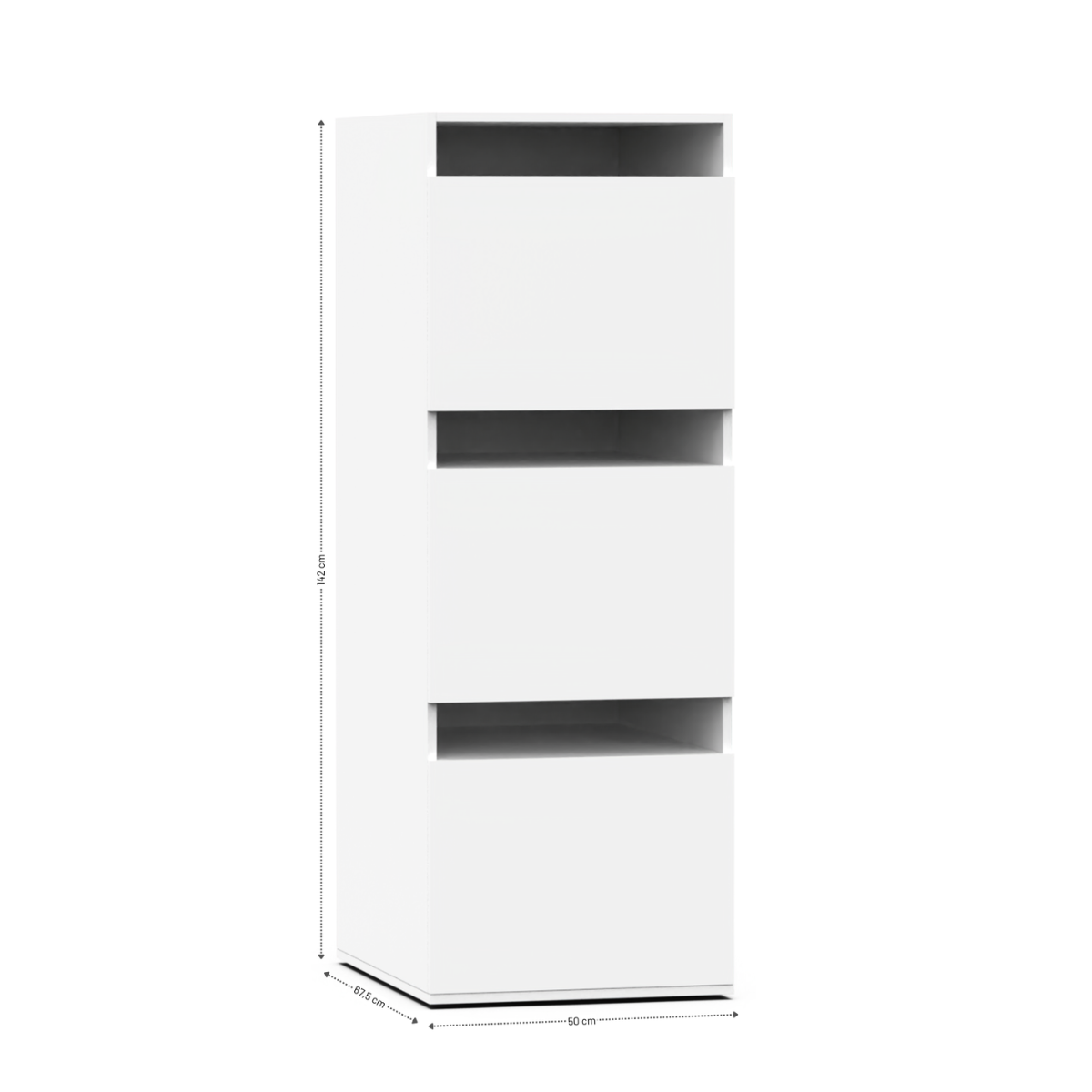 Tall white storage cabinet with three open shelves and minimalist design.