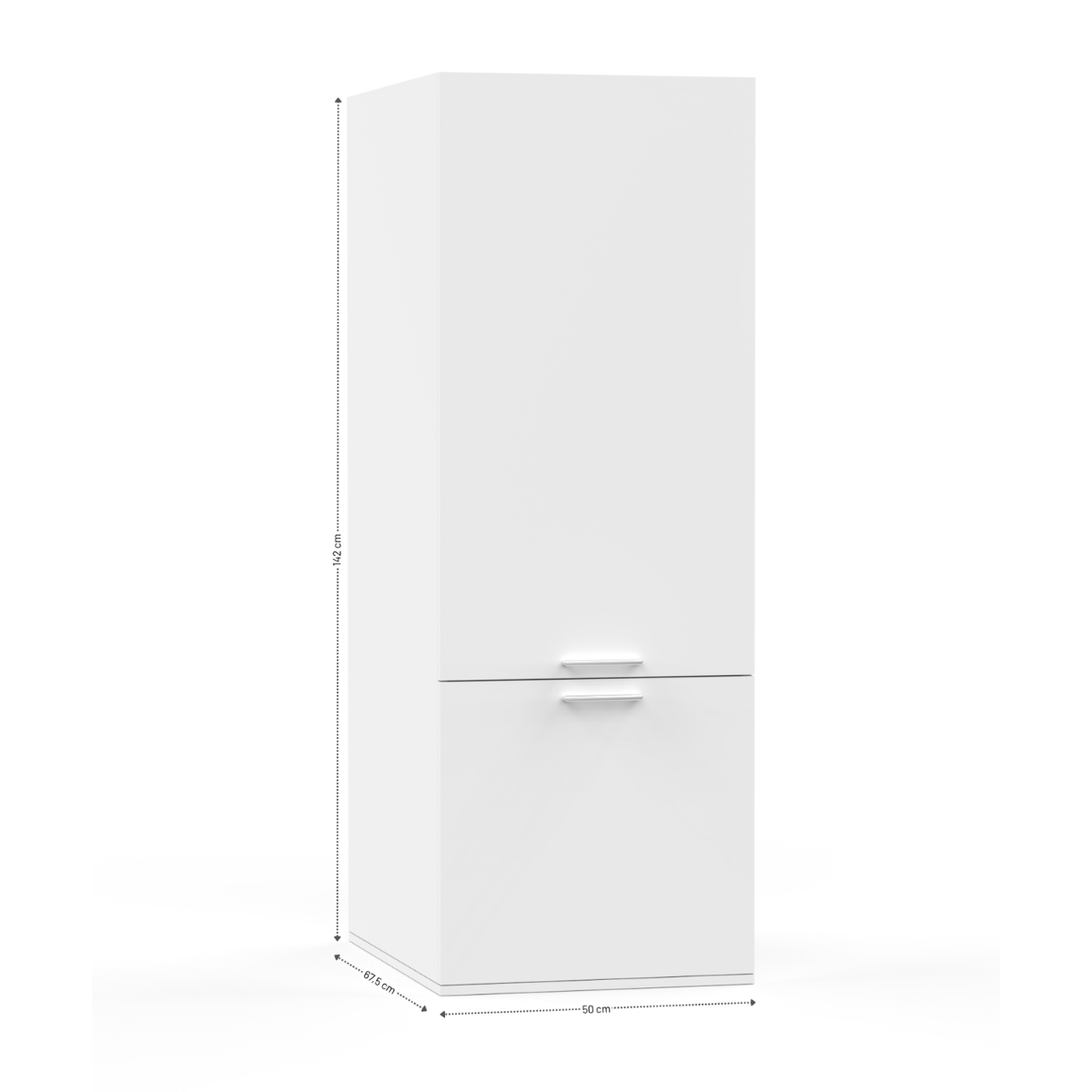 Tall white storage cabinet with two doors and minimalist handles on a plain background.